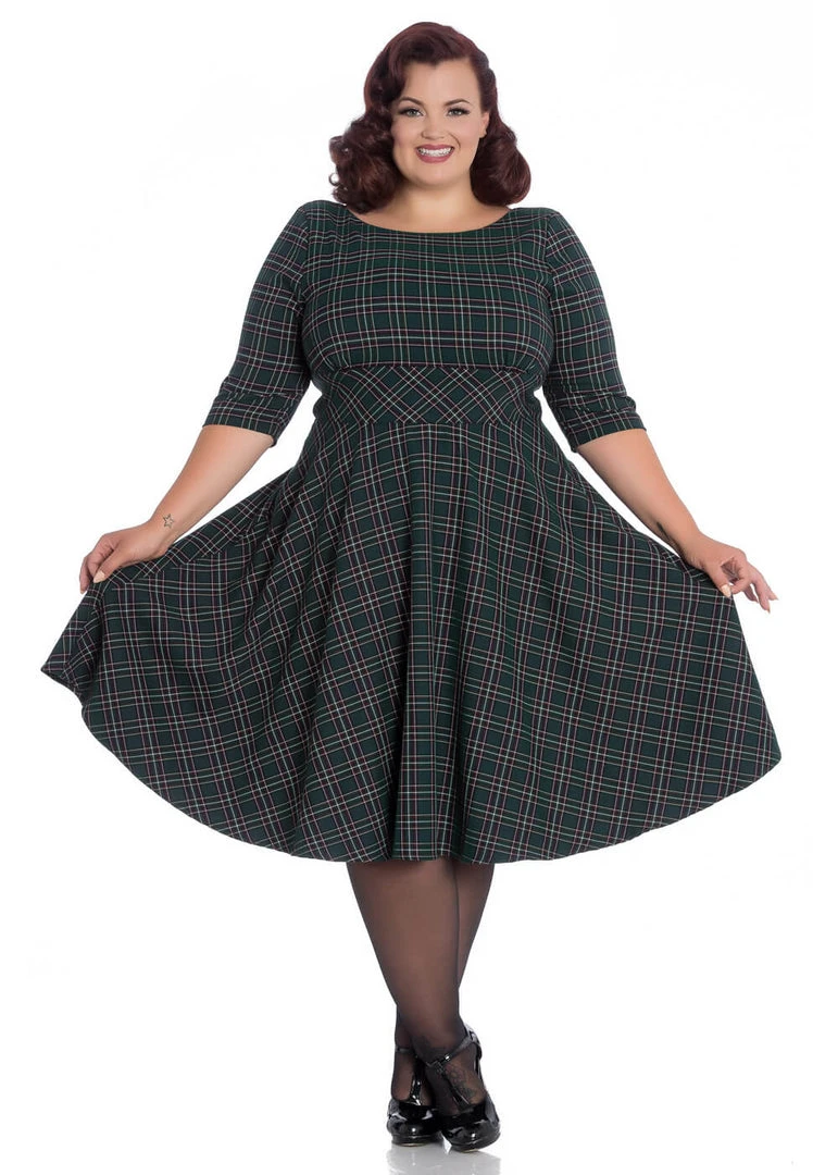 Hell Bunny Peebles Tartan 50's Swing Dress Green New In