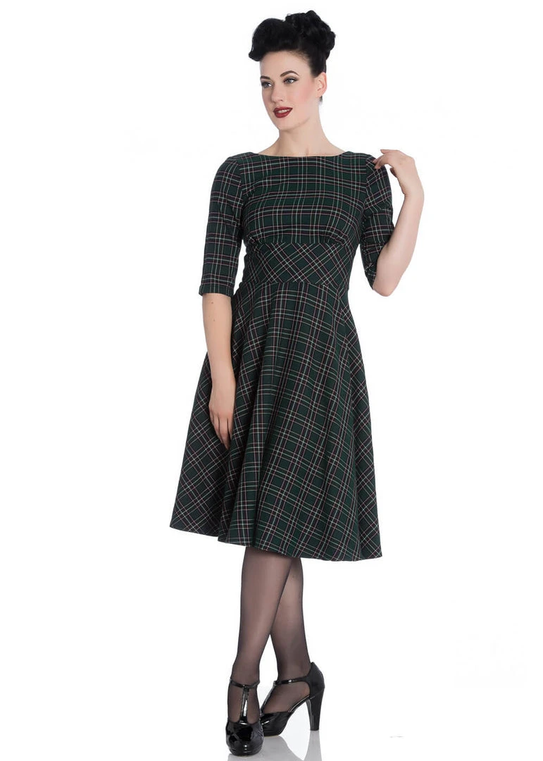 Hell Bunny Peebles Tartan 50's Swing Dress Green New In