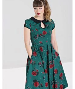 Hell Bunny Leonora Rose 50's Swing Dress Dark Green