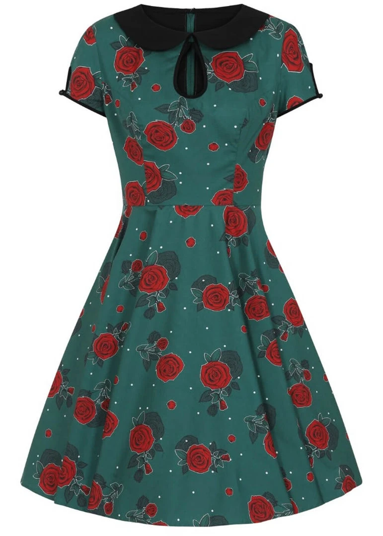 Hell Bunny Leonora Rose 50's Swing Dress Dark Green