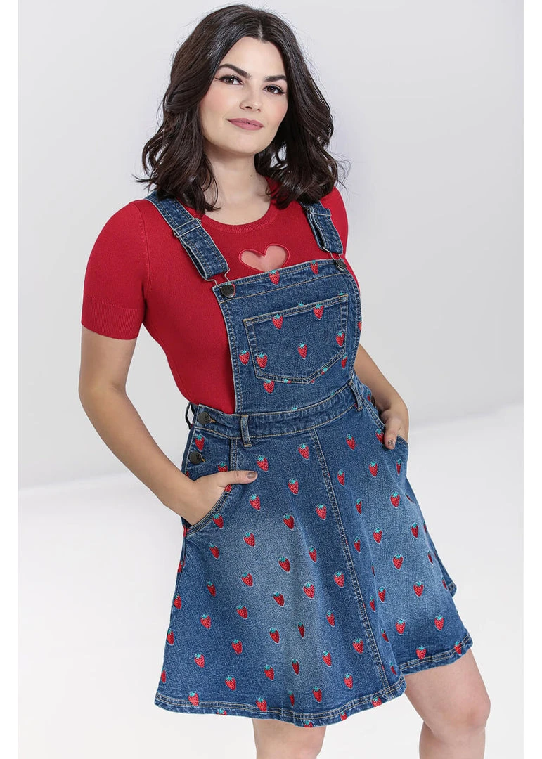 Hell Bunny Strawberry Denim 50's Pinafore Dress Blue New In