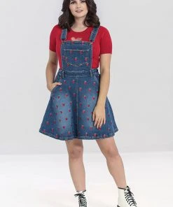 Hell Bunny Strawberry Denim 50's Pinafore Dress Blue New In