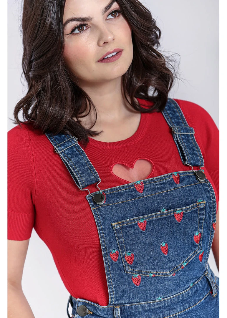 Hell Bunny Strawberry Denim 50's Pinafore Dress Blue New In