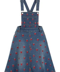 Hell Bunny Strawberry Denim 50's Pinafore Dress Blue New In