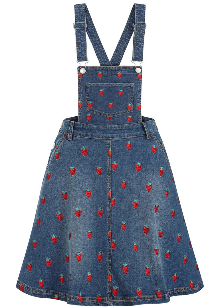 Hell Bunny Strawberry Denim 50's Pinafore Dress Blue New In
