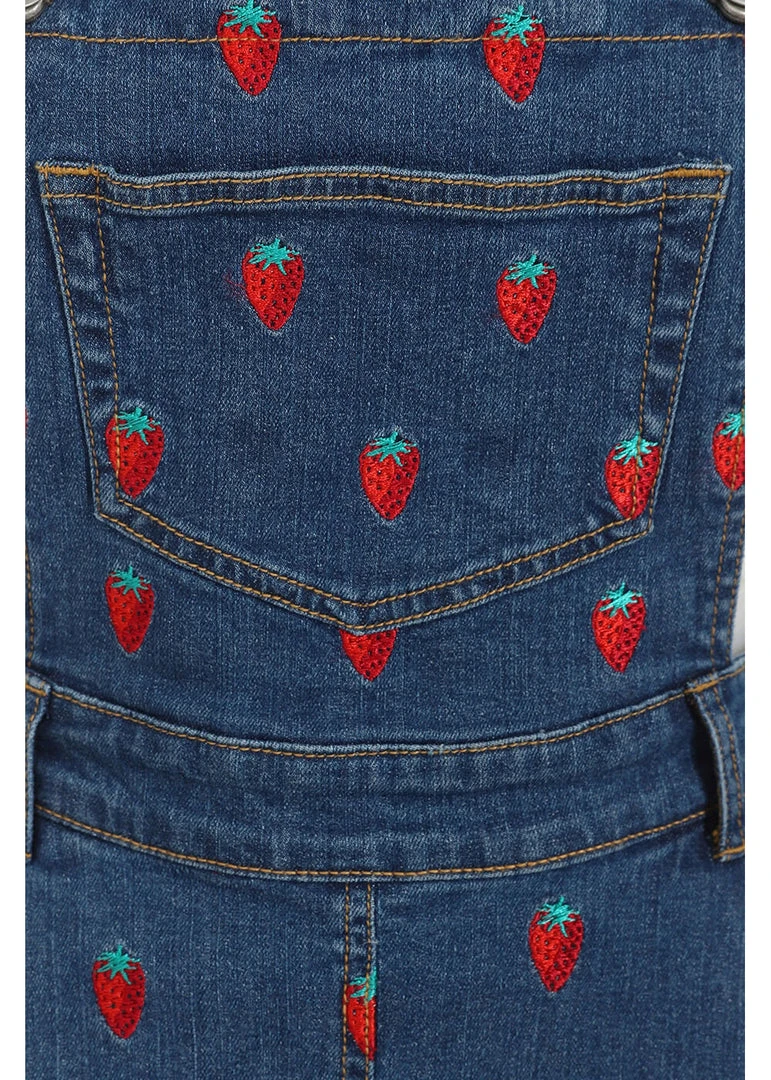 Hell Bunny Strawberry Denim 50's Pinafore Dress Blue New In