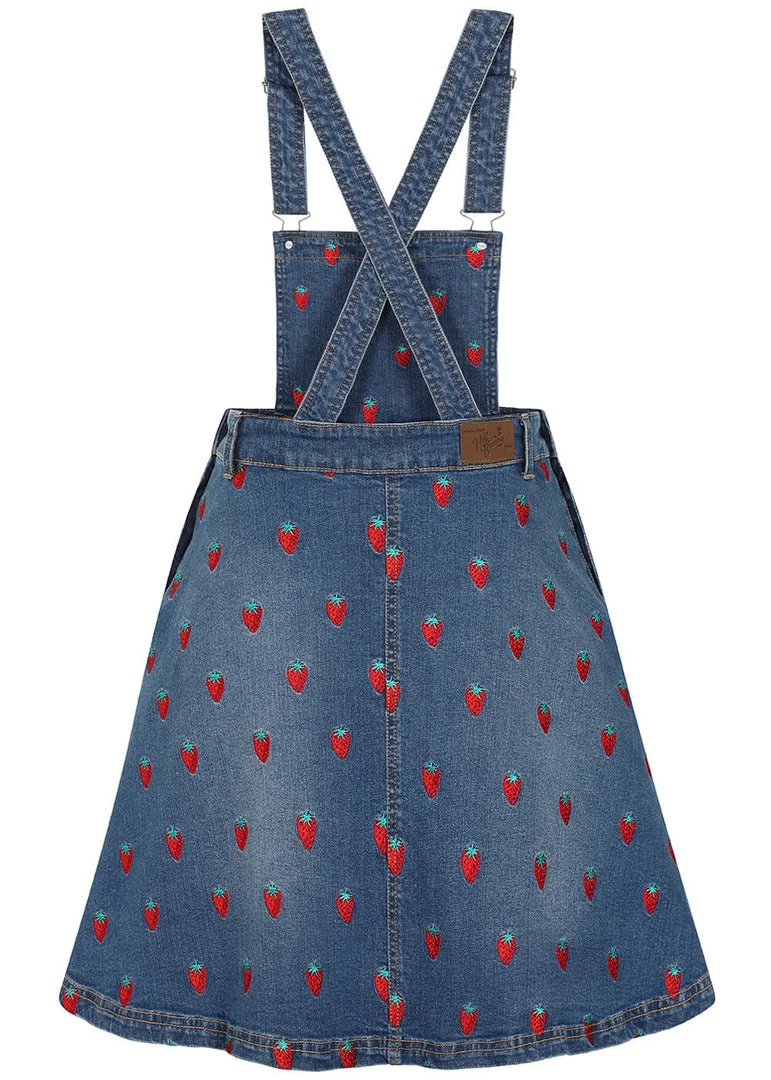 Hell Bunny Strawberry Denim 50's Pinafore Dress Blue New In