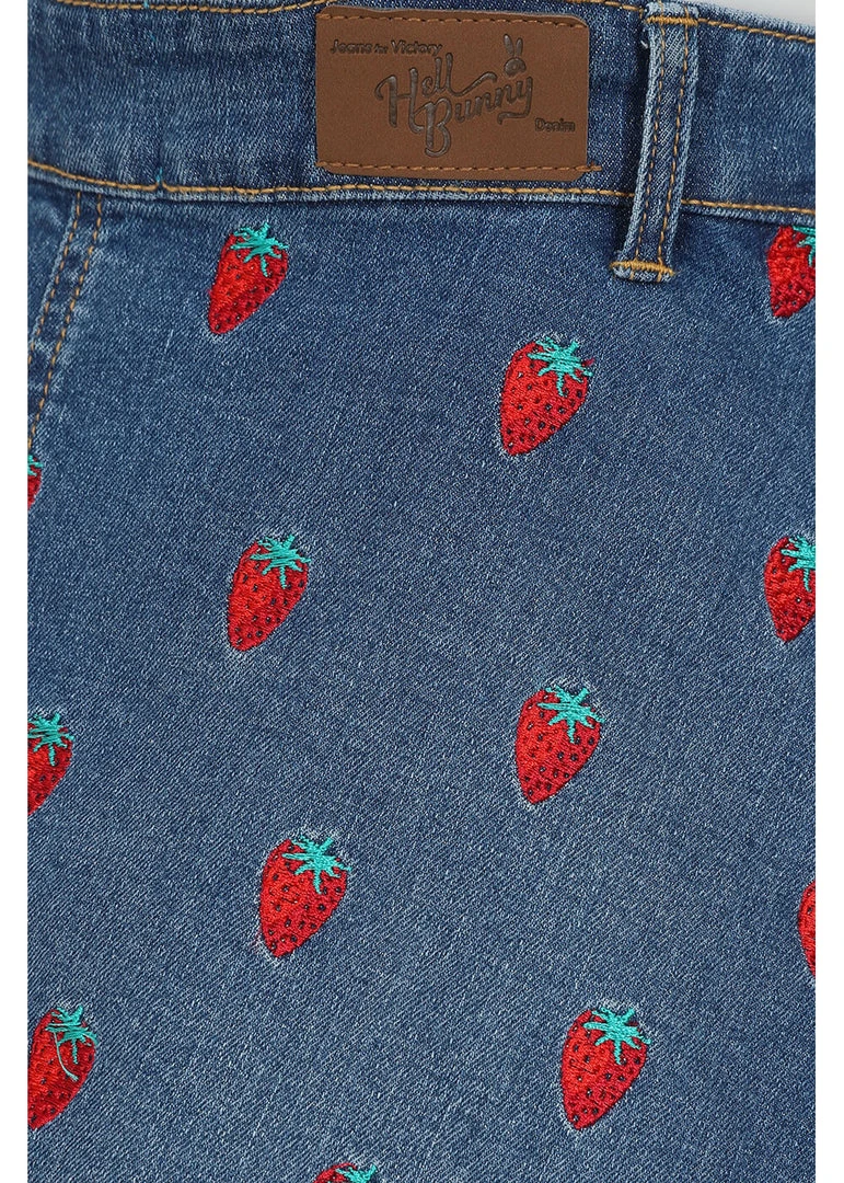 Hell Bunny Strawberry Denim 50's Pinafore Dress Blue New In