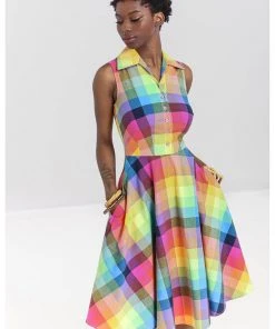 New In Hell Bunny Lucia Rainbow 50's Swing Dress Multi