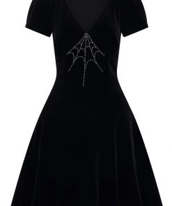 Hell Bunny Morticia Spiderweb Velvet 40's Dress Black