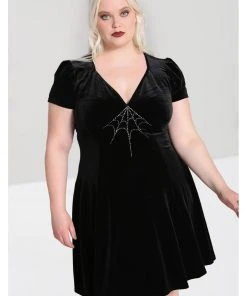 Hell Bunny Morticia Spiderweb Velvet 40's Dress Black