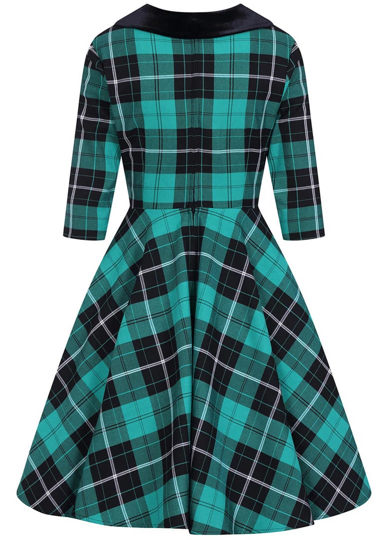 New In Hell Bunny Beryl Tartan 50's Swing Mid Dress Green