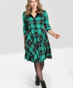 New In Hell Bunny Beryl Tartan 50's Swing Mid Dress Green