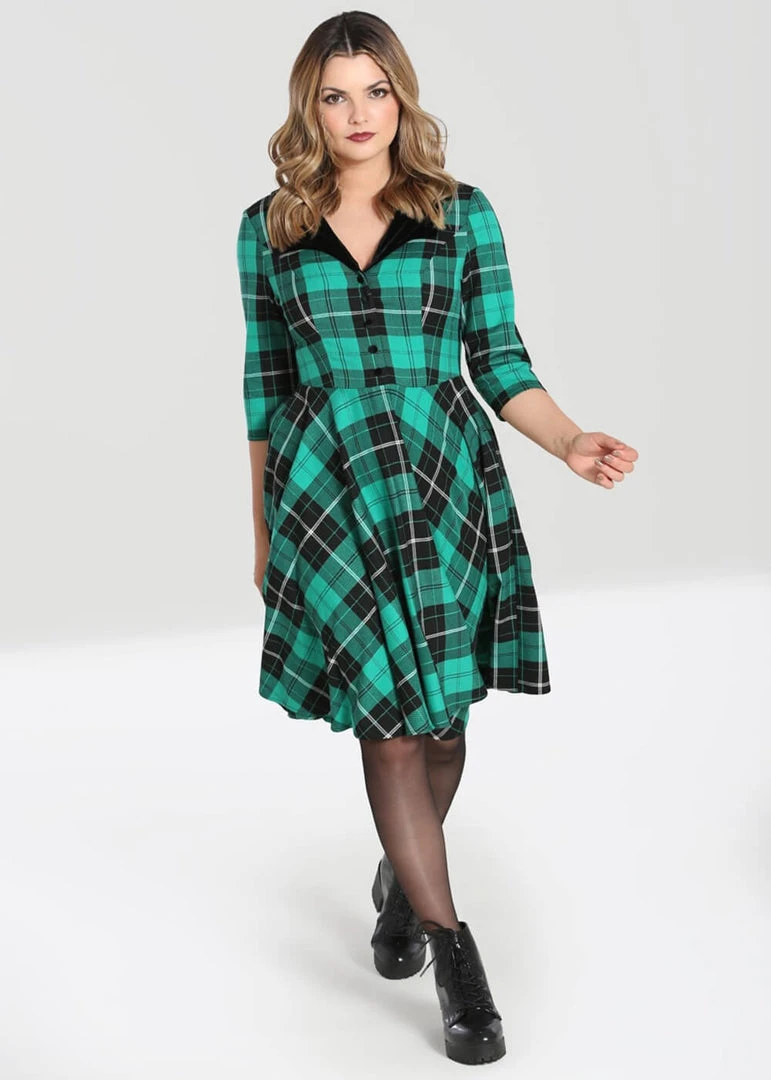 New In Hell Bunny Beryl Tartan 50's Swing Mid Dress Green