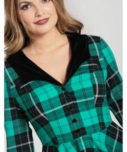 New In Hell Bunny Beryl Tartan 50's Swing Mid Dress Green