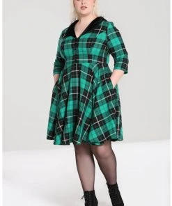New In Hell Bunny Beryl Tartan 50's Swing Mid Dress Green
