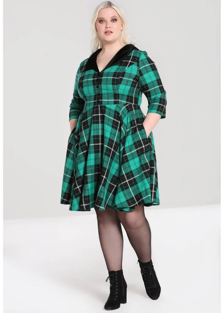 New In Hell Bunny Beryl Tartan 50's Swing Mid Dress Green