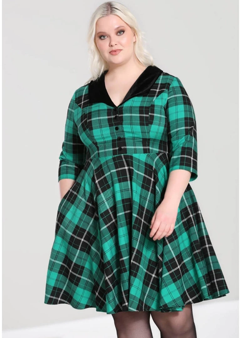 New In Hell Bunny Beryl Tartan 50's Swing Mid Dress Green