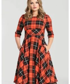 Hell Bunny Clementine Tartan 50's Swing Dress Orange New In