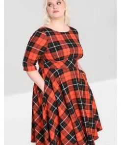 Hell Bunny Clementine Tartan 50's Swing Dress Orange New In