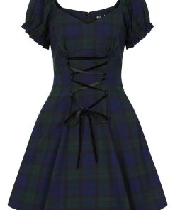 New In Hell Bunny Nora Dublin Tartan 60's Mini Dress Green