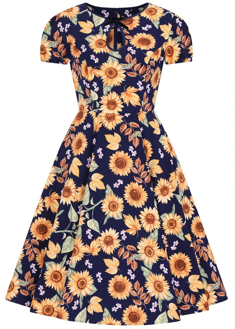 New In Hell Bunny Sunflower 40's Swing Dress Blue