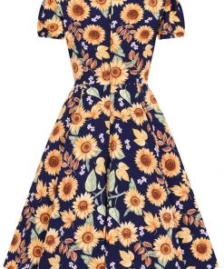 New In Hell Bunny Sunflower 40's Swing Dress Blue