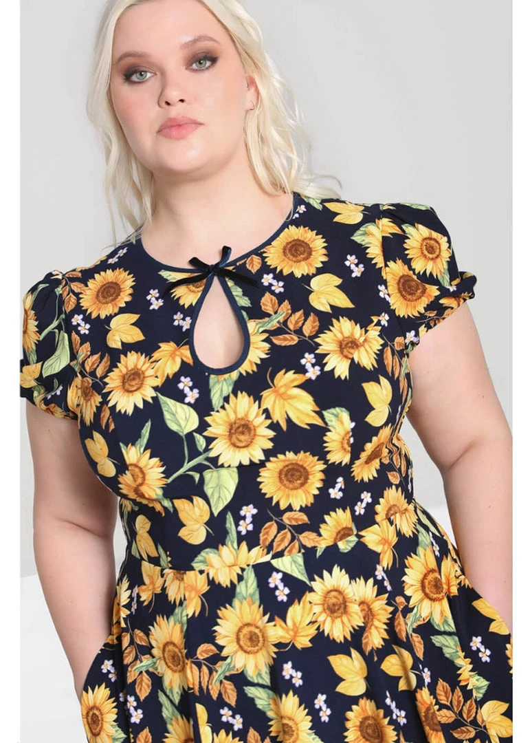 New In Hell Bunny Sunflower 40's Swing Dress Blue