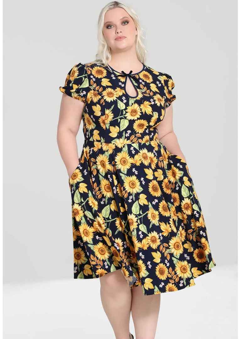 New In Hell Bunny Sunflower 40's Swing Dress Blue
