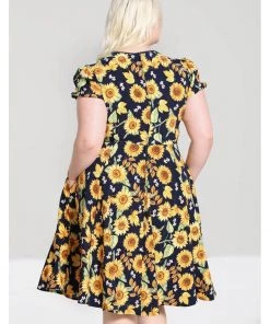 New In Hell Bunny Sunflower 40's Swing Dress Blue