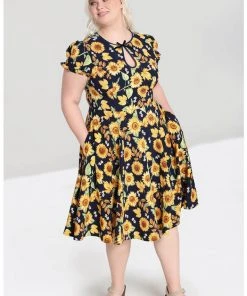 New In Hell Bunny Sunflower 40's Swing Dress Blue
