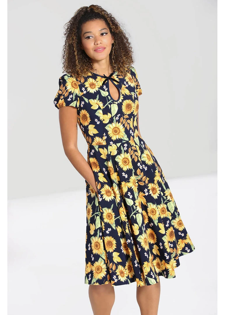 New In Hell Bunny Sunflower 40's Swing Dress Blue
