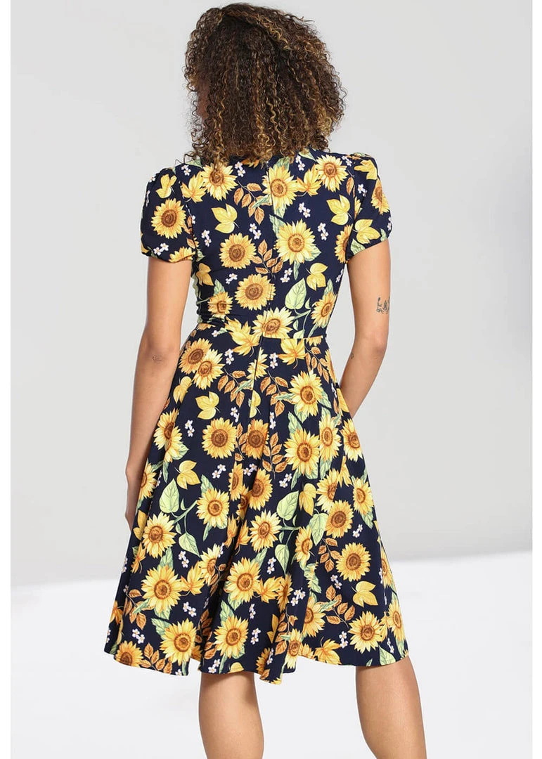 New In Hell Bunny Sunflower 40's Swing Dress Blue