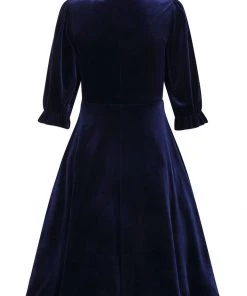 Hell Bunny Orion Velvet 40's Mid Dress Navy Blue