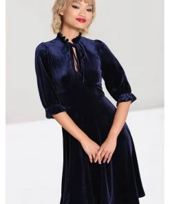 Hell Bunny Orion Velvet 40's Mid Dress Navy Blue