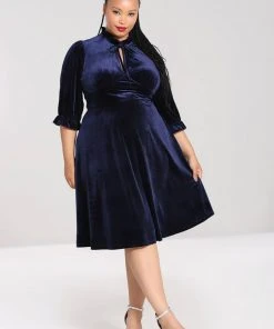 Hell Bunny Orion Velvet 40's Mid Dress Navy Blue
