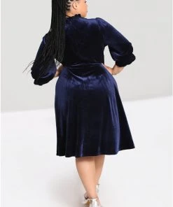 Hell Bunny Orion Velvet 40's Mid Dress Navy Blue
