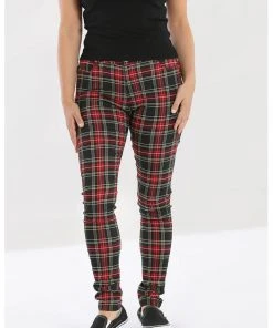 New In Hell Bunny Clash Tartan Skinny Trousers Red