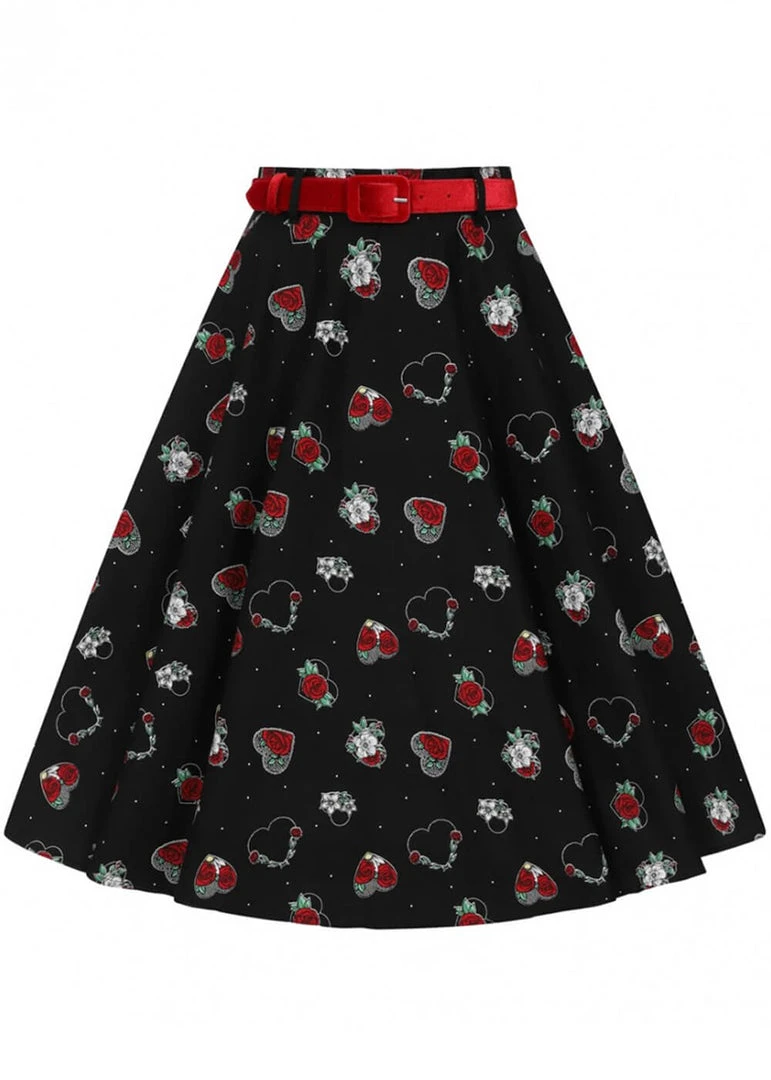 Hell Bunny Petals Hearts 50's Swing Skirt Black