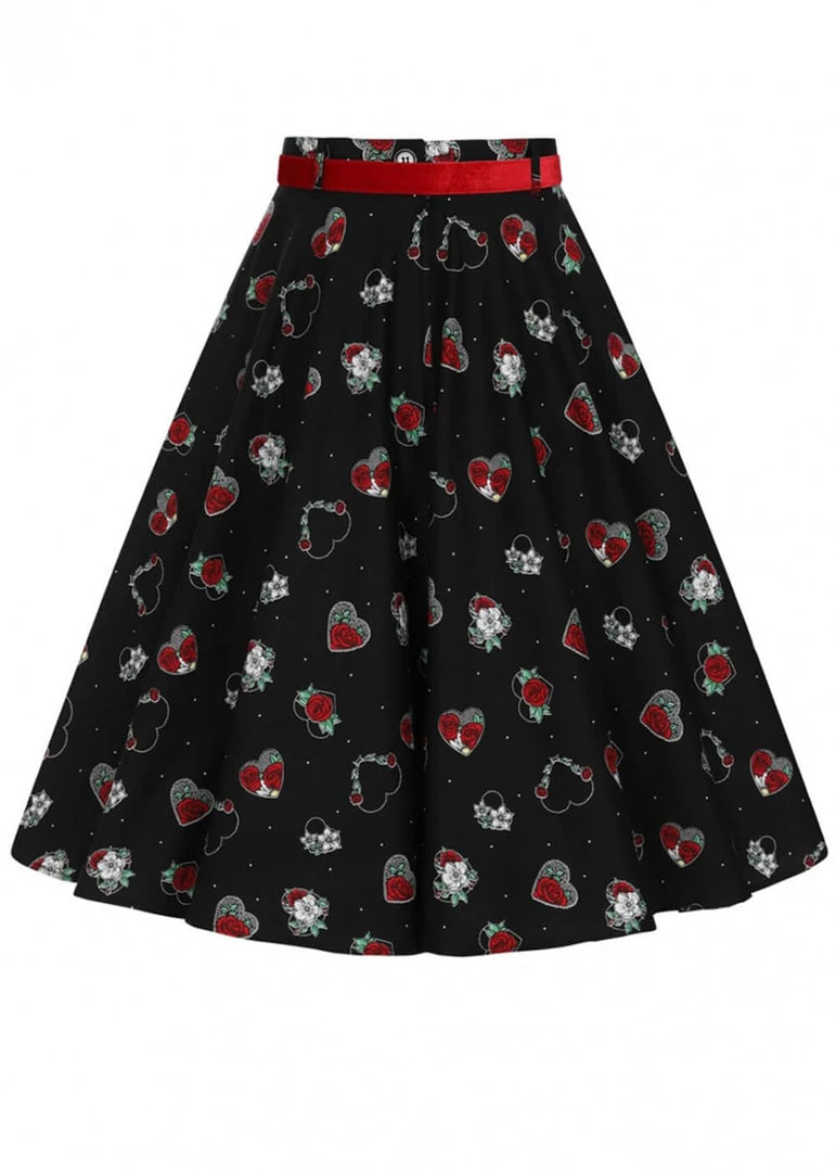 Hell Bunny Petals Hearts 50's Swing Skirt Black