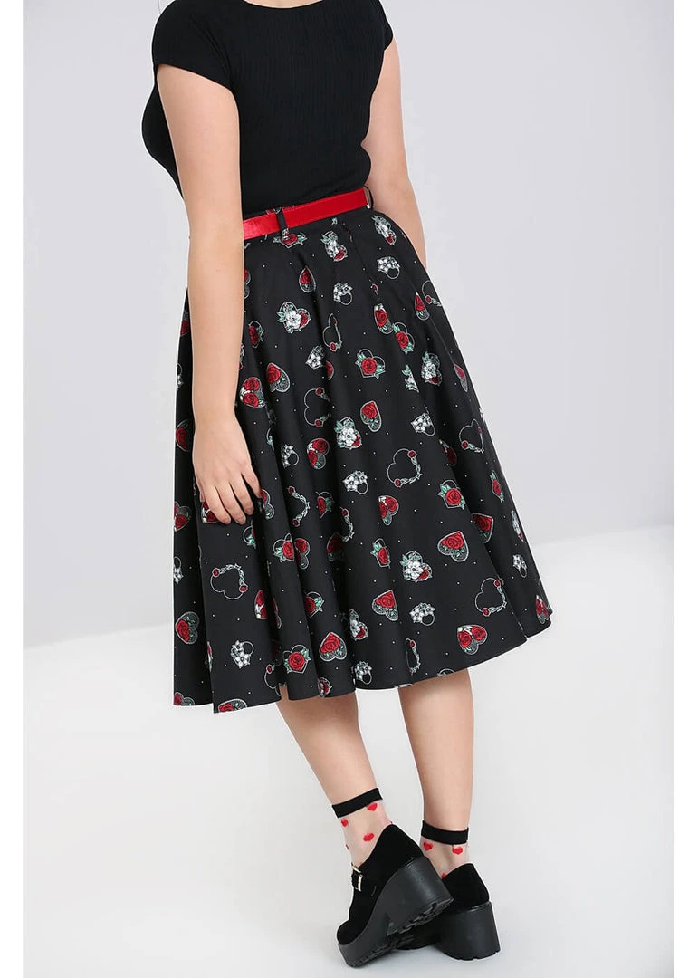 Hell Bunny Petals Hearts 50's Swing Skirt Black