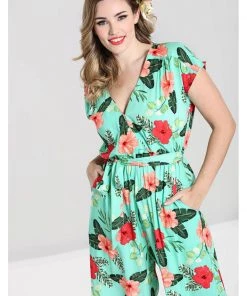 Hell Bunny Moana Hibiscus 70's Jumpsuit Mint Green New In