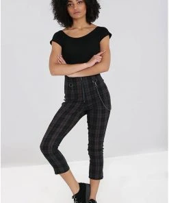 Hell Bunny Cobain Tartan Capri Trousers Black New In