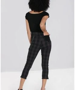 Hell Bunny Cobain Tartan Capri Trousers Black New In