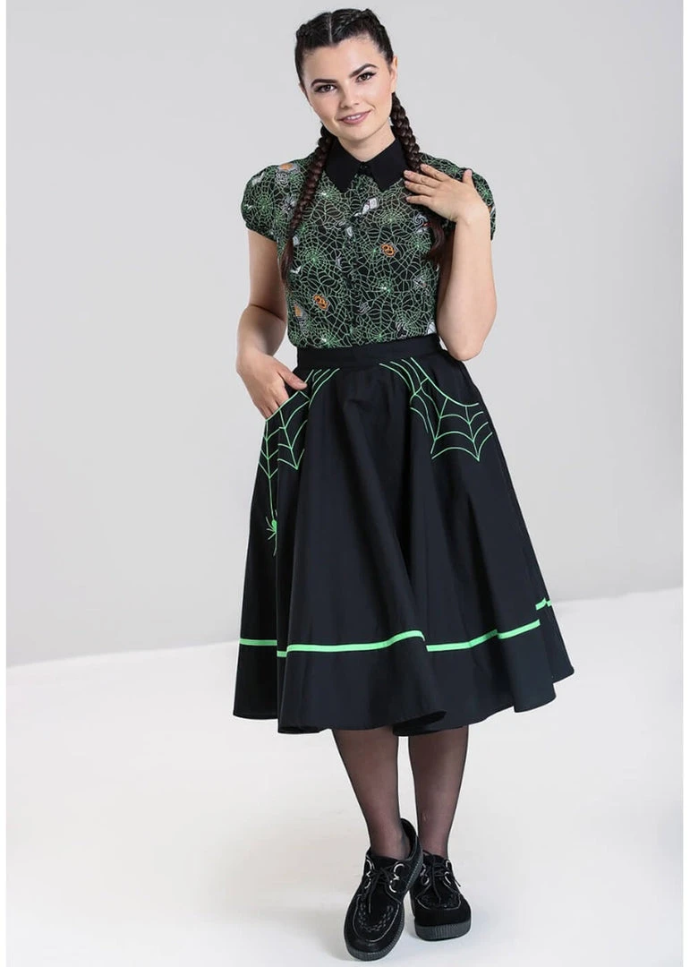 New In Hell Bunny Miss Muffet Spiderweb 50's Swing Skirt Black Green