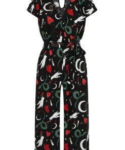 New In Hell Bunny Good Fortune Snake 70's Jumpsuit Black