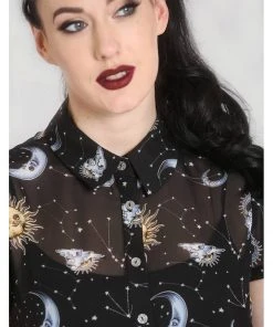 Hell Bunny Solaris Sun & Moon 70's Blouse Black New In
