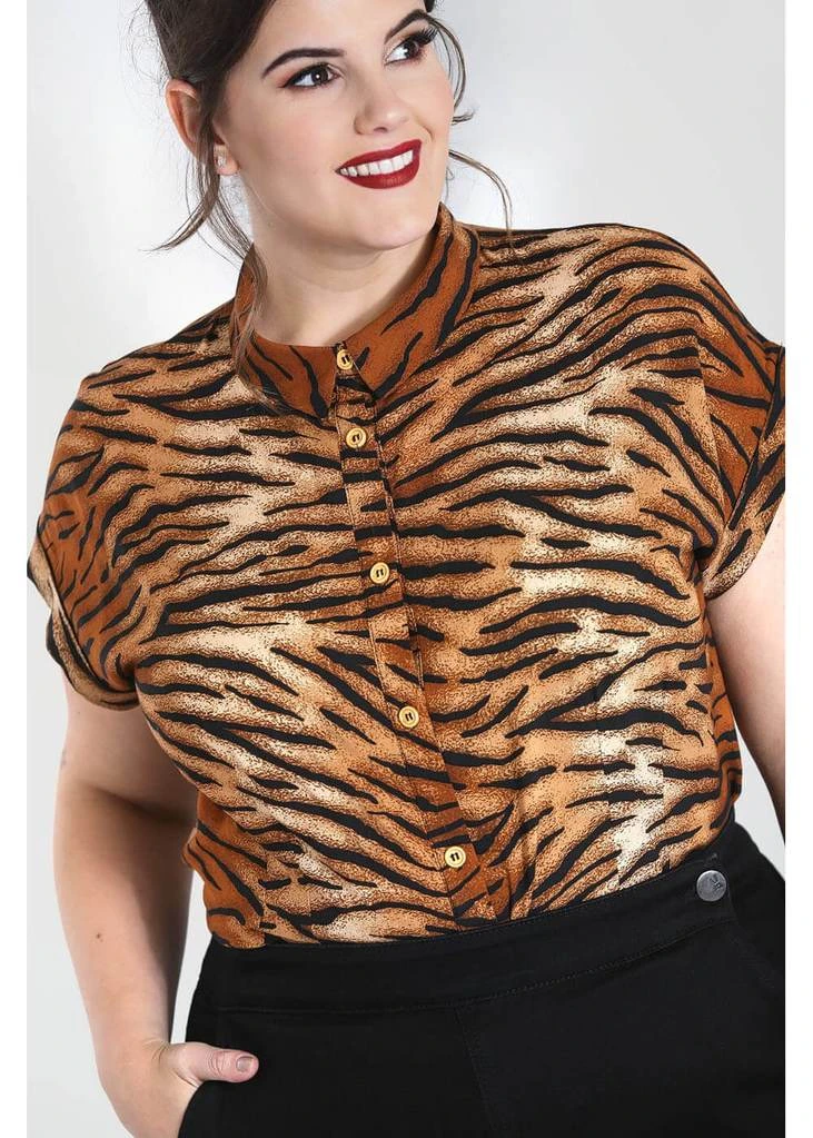 Hell Bunny Tora Tiger 40's Shirt Brown New In