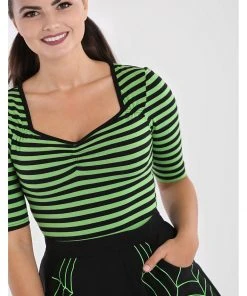 New In Hell Bunny Warlock Striped 60's Top Black Green