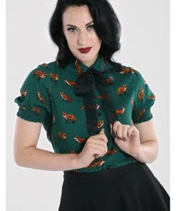 Hell Bunny Vixey Fox 40's Blouse Dark Green New In